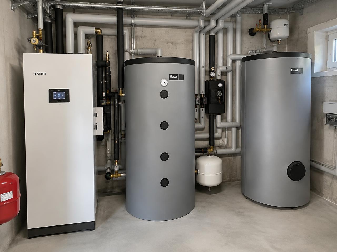 Technikraum mit Wärmepumpe, Pufferspeicher und Warmwasserspeicher