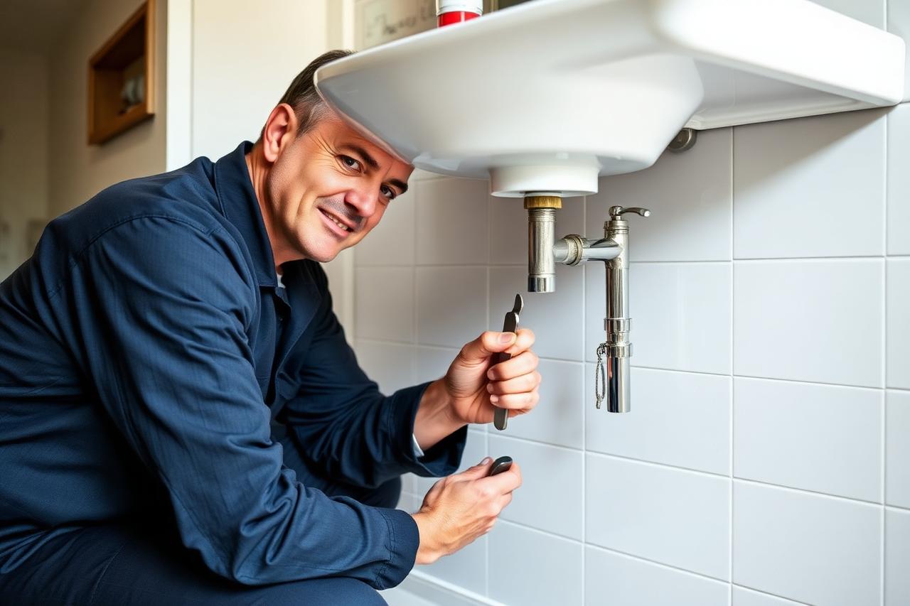 Sanitärinstallateur repariert einen Siphon unter dem Waschbecken in einem Zürcher Badezimmer
