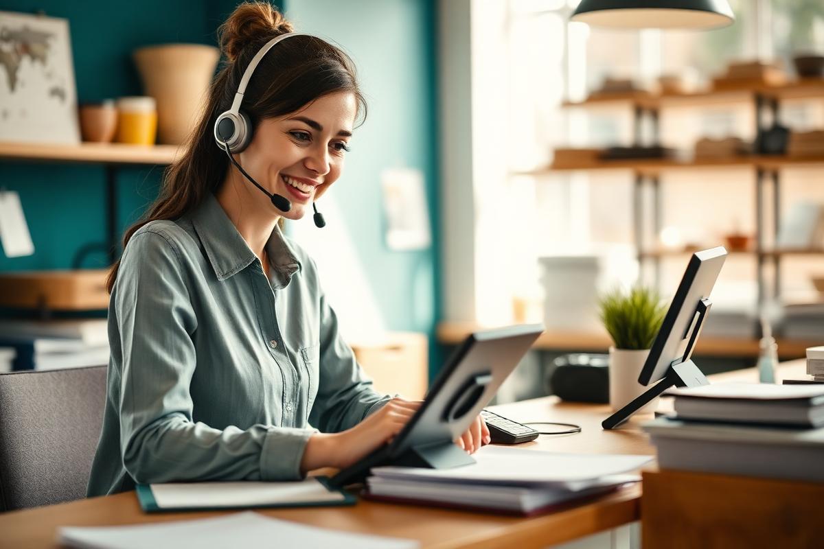Bürokraft mit Headset am Arbeitsplatz
