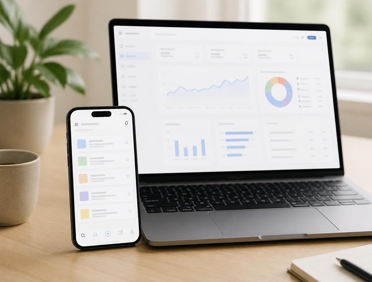 FIKS. Pro Dashboard auf Laptop und Auftrags-App auf dem Smartphone